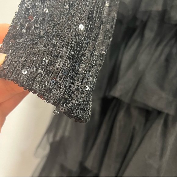 Mac Duggal Sequined Black Long Sleeve Ruffle Tiered Midi Dress - Gently Worn - Picture 11 of 16